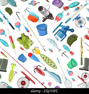 Marchandises pour la pêche. Équipement et accessoires pour les loisirs et la chasse sur les réservoirs. Vente de cannes à pêche et de vêtements. Motif sans couture Illustration de Vecteur