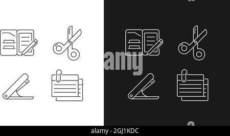 La papeterie de bureau fournit des icônes linéaires définies pour les modes sombre et clair Illustration de Vecteur