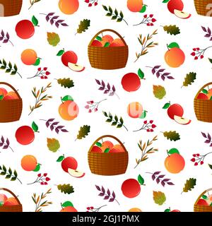 Motif d'automne avec panier, pommes et feuilles. Illustration vectorielle isolée sur fond blanc. Illustration de Vecteur