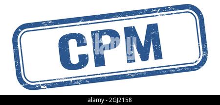 Texte CPM sur tampon bleu grungy rectangle vintage. Banque D'Images