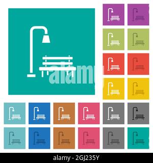 Placez des icônes plates multicolores sur des fonds carrés simples. Inclut des variantes d'icône blanche et foncée pour les effets de survol ou actifs. Illustration de Vecteur