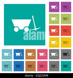 Chariot de mine et pioche multi-couleurs icônes plates sur fond carré Uni. Inclut des variantes d'icône blanche et foncée pour les effets de survol ou actifs. Illustration de Vecteur