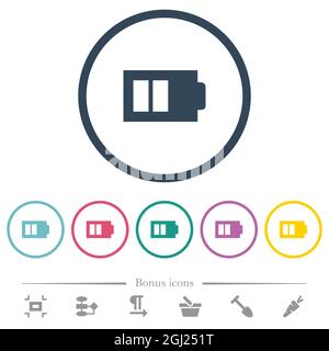 La moitié de la batterie avec deux unités de charge alternent les icônes de couleur plate dans les contours ronds. 6 icônes bonus incluses. Illustration de Vecteur