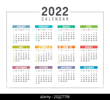 Calendrier coloré de l'année 2022 isolé sur fond blanc. La semaine commence le dimanche. Modèle vectoriel. Illustration de Vecteur