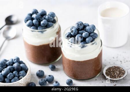 Gâteau au chocolat au chia avec une couche de yaourt et des myrtilles dans un pot, vue rapprochée. Dessert sain ou en-cas sucré Banque D'Images