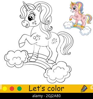Une jolie licorne se dresse sur un arc-en-ciel. Page de livre de coloriage pour les enfants. Illustration de dessin animé vectoriel. Pour le livre de coloriage, l'éducation, l'impression, le jeu, la décoration, puzz Illustration de Vecteur