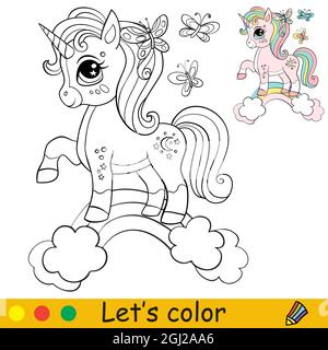 La jolie licorne se dresse sur un arc-en-ciel et des papillons. Page de livre de coloriage pour les enfants. Illustration de dessin animé vectoriel. Pour livre de coloriage, éducation, impression, g Illustration de Vecteur
