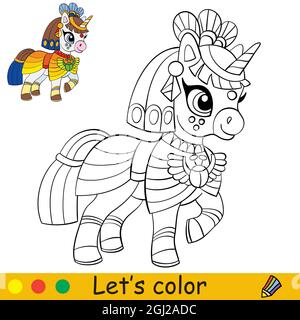 Jolie licorne en costume de princesse égyptienne. Concept Halloween. Page de livre de coloriage pour les enfants. Illustration de dessin animé vectoriel. Pour livre de coloriage, educati Illustration de Vecteur