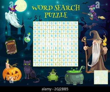 Feuille de calcul de puzzle de recherche de mots avec caractères d'Halloween, jeu de quiz de mot vectoriel. Jeu d'énigmes pour enfants pour trouver des mots avec la lanterne de citrouille d'Halloween, fantôme dedans Illustration de Vecteur