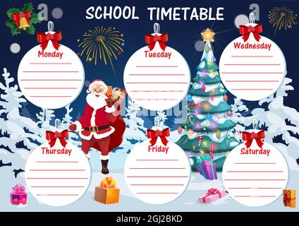 Modèle de calendrier scolaire de Noël pour enfants. Programme de cours, programme hebdomadaire d'éducation des enfants ou planificateur de cours. Père Noël avec sac plein de vacances Illustration de Vecteur