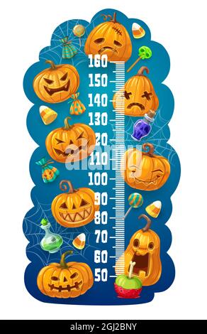 Tableau des hauteurs pour enfants. Lanternes de citrouille d'Halloween. Mesureur de croissance pour les enfants d'âge préscolaire avec lanternes Jack o, gâteries Halloween et toile d'araignée, Illustration de Vecteur