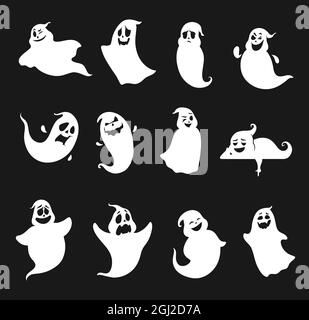 Drôle et effrayant dessin animé Halloween silhouettes fantômes pour les autocollants de vacances. Halloween volant et les fantômes de mensonge, les esprits de vacances drôle vecteur caractère wi Illustration de Vecteur