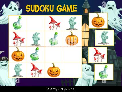 Enfants puzzles livre Halloween sudoku jeu. Enfants énigme, jeu logique d'enfants ou modèle de vecteur de page de livre d'activité éducative avec dessin animé d'Halloween Illustration de Vecteur