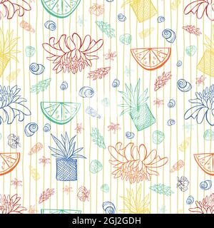 Motif vectoriel d'été tropical sans couture avec fleur de gingembre flambeau, fruits de lime, plante dans un panier et coquillages avec rayures. Parfait pour le tissu Illustration de Vecteur