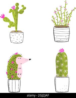 Cactus et succulent avec Hedgehog Funny Clipart Illustration de Vecteur