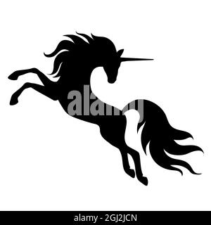 Silhouette d'une licorne grimpée avec une longue minière. Silhouette noire sur fond blanc. Élément de création de design et de décor, isolé d'un coup Illustration de Vecteur