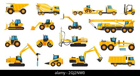 Machines de construction, équipement et machinerie lourde de construction. Grue, pelle, bulldozer, tracteur, camion, chariot élévateur, ensemble de vecteurs plats de l'excavateur. Machines d'ingénierie pour le travail isolé sur blanc Illustration de Vecteur