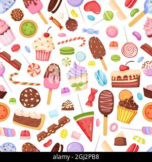 Bonbons et bonbons de dessin animé, délicieux desserts sans couture. Cupcake, chocolat, Lollipop, glace. Arrière-plan de boulangerie et de confiserie. Gâteaux et sucreries savoureux pour tissus ou textiles Illustration de Vecteur