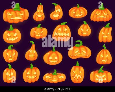 Caricature de citrouilles drôles d'halloween aux visages effrayants et brillants. Mignon citrouille orange, décoration traditionnelle lanterne automne saison de vacances ensemble vectoriel. Décoration illuminée de saison pour les fêtes Illustration de Vecteur