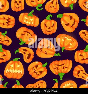 Dessins animés citrouilles drôles d'halloween avec visages effrayants motif sans couture. Mignon rouge orangé citrouille, automne décoration vecteur fond. Des émotions effrayantes avec l'éclairage Illustration de Vecteur