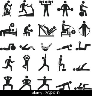 Icônes d'exercice physique, pictogrammes d'entraînement sportif. Personnes faisant du yoga, de l'exercice, du jogging. Divers sports activités silhouette vector Icon Set. Personnages avec entraînement avec haltères Illustration de Vecteur