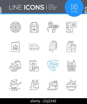 Livraison de nourriture - ensemble d'icônes de style de ligne moderne. Des images nettes avec des aliments cuits qui est un principe de vie moderne pour l'instant. Des images à la demande, des performances Illustration de Vecteur