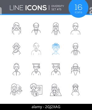 Diversity - jeu d'icônes de style de ligne moderne. Des images nettes. C'est un petit monde et nous sommes tous ses habitants, malgré notre différence. L'ide Illustration de Vecteur