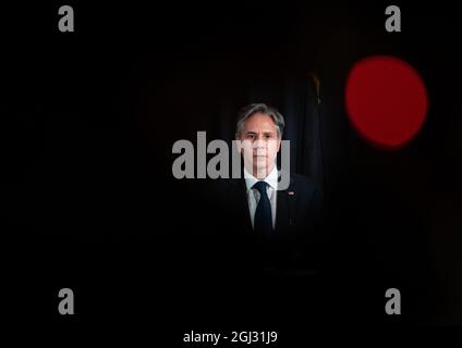 Ramstein Miesenbach, Allemagne. 08 septembre 2021. Le secrétaire D’État AMÉRICAIN Antony Blinken s’exprime lors d’une conférence de presse conjointe avec le ministre allemand des Affaires étrangères à la base aérienne américaine de Ramstein. Crédit : Boris Roessler/dpa/Alay Live News Banque D'Images
