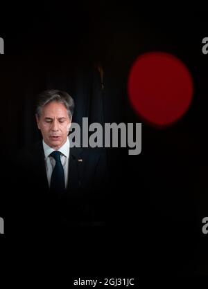 Ramstein Miesenbach, Allemagne. 08 septembre 2021. Le secrétaire D’État AMÉRICAIN Antony Blinken s’exprime lors d’une conférence de presse conjointe avec le ministre allemand des Affaires étrangères à la base aérienne américaine de Ramstein. Crédit : Boris Roessler/dpa/Alay Live News Banque D'Images