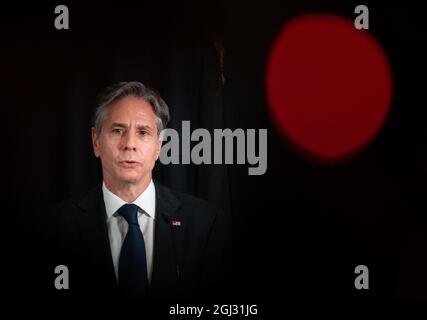 Ramstein Miesenbach, Allemagne. 08 septembre 2021. Le secrétaire D’État AMÉRICAIN Antony Blinken s’exprime lors d’une conférence de presse conjointe avec le ministre allemand des Affaires étrangères à la base aérienne américaine de Ramstein. Crédit : Boris Roessler/dpa/Alay Live News Banque D'Images