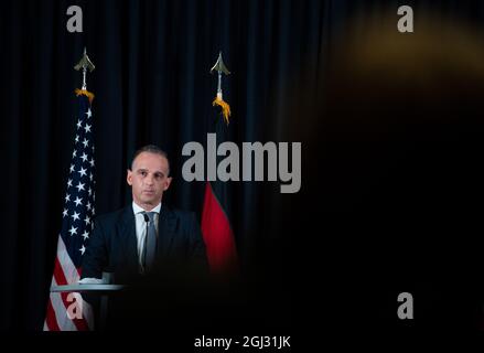 Ramstein Miesenbach, Allemagne. 08 septembre 2021. Le ministre des Affaires étrangères Heiko Maas (SPD) s'exprime lors d'une conférence de presse conjointe avec le secrétaire d'État américain à la base aérienne américaine de Ramstein. Crédit : Boris Roessler/dpa/Alay Live News Banque D'Images