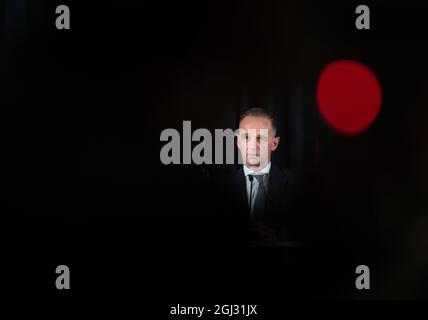 Ramstein Miesenbach, Allemagne. 08 septembre 2021. Le ministre allemand des Affaires étrangères Heiko Maas (SPD) s'exprime lors d'une conférence de presse conjointe avec le secrétaire d'État américain à la base aérienne américaine de Ramstein. Crédit : Boris Roessler/dpa/Alay Live News Banque D'Images