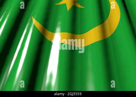 Magnifique brillant - ressemble à un drapeau en plastique de la Mauritanie avec de grands plis se trouvent en diagonale - n'importe quelle illustration 3d de drapeau de célébration Banque D'Images
