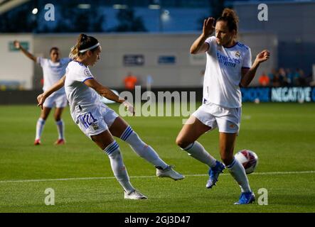 Manchester, Angleterre, 8 septembre 2021. Claudia Zornoza Sanchez, du Real Madrid, marque le premier but du match de la Ligue des champions des femmes de l’UEFA à l’Academy Stadium, à Manchester. Crédit photo à lire: Darren Staples / Sportimage crédit: Sportimage / Alay Live News Banque D'Images