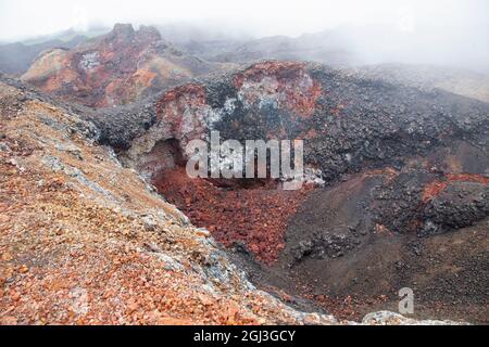 Volcan Chico, partie du volcan Sierra Negra sur l'île Isabela dans les îles Galapagos, dans la brume. C'est l'éruption la plus récente a été en 1979. Banque D'Images