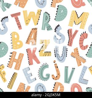 Motif ABC sans couture dans un style de dessin animé simple. Joli imprimé alphabet dinosaure - motif puéril dessiné à la main sans couture. Papier numérique. Illustration de Vecteur