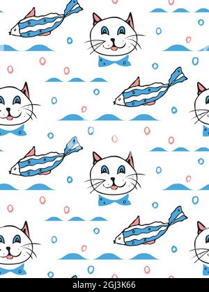 Motif vectoriel sans couture pour enfant. Dessin à la main de la ligne de pinceau d'encre de chat, de poisson. Joli dessin animé. Toile de fond blanche Illustration de Vecteur