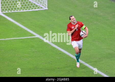 BUDAPEST, HONGRIE - SEPTEMBRE 08 : Adam Szalai, de Hongrie, célèbre son but lors du match de qualification de la coupe du monde de la FIFA 2022 entre la Hongrie et l'Andorre au stade de Puskas, le 08 septembre 2021 à Budapest, Hongrie. Alamy Live News/Gabriella Barbara crédit: Gabriella Barbara/Alamy Live News Banque D'Images