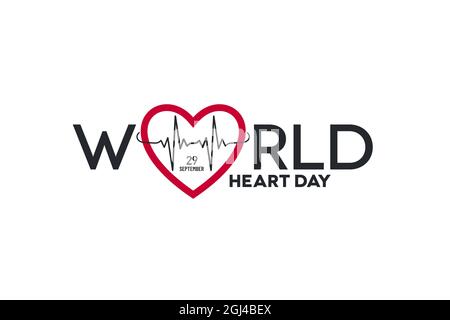 Lettrage typographique de la Journée mondiale du coeur avec forme de coeur et de cardiogramme. Bannière de la Journée mondiale du cœur. Illustration de Vecteur