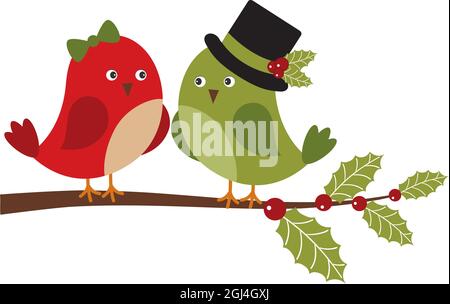 Oiseaux de Noël mignons en amour assis sur la branche Holly.Oiseaux de Noël vectoriels Illustration de Vecteur