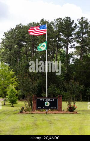 Walnut Grove, MS - 9 juin 2021 : bienvenue au panneau et drapeaux de Walnut Grove Banque D'Images