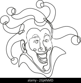 Dessin en ligne continue illustration d'une vue de face de la tête de jester de cour médiévale fait en ligne mono ou en forme de doodle en noir et blanc sur le dos isolé Illustration de Vecteur