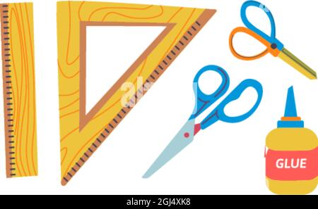 Règle géométrique et ciseaux avec colle en bouteille Illustration de Vecteur
