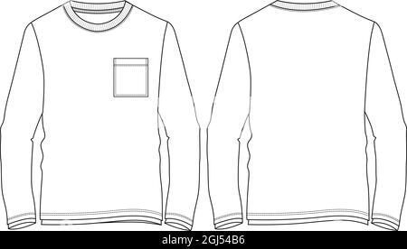 Manches longues col rond avec poche t-shirt général technique mode plat dessin vectoriel modèle d'illustration vues avant et arrière isolées sur blanc Illustration de Vecteur