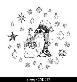 Gnome de Noël dessiné à la main et sac avec cadeaux et flocons de neige. Illustration vectorielle dans le style d'esquisse Illustration de Vecteur