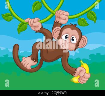 Monkey chantant sur Jungle Vines avec Banana Cartoon Illustration de Vecteur