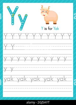 Tracer la lettre y en majuscules et en minuscules. Feuille de travail préscolaire de pratique de traçage d'alphabet pour les enfants apprenant l'anglais avec mignon animal de dessin animé. Page activité Illustration de Vecteur