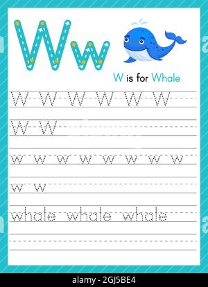 Tracer la lettre W en majuscules et en minuscules. Feuille de travail préscolaire de pratique de traçage d'alphabet pour les enfants apprenant l'anglais avec mignon animal de dessin animé. Page activité Illustration de Vecteur
