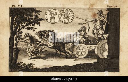 Mars, Dieu romain de la guerre. Dans son casque, il porte une épée et une lance, il monte un char biga dessiné par deux chevaux et conduit par une femme distraite. Gravure sur plaque de coperplate du Panthéon d’Andrew Tooke, représentant les fabuleuses histoires des Dieux de Heaten, Londres, 1757. Banque D'Images