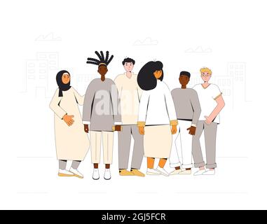 Groupe d'adolescents divers debout ensemble. Les jeunes filles et les jeunes amis se portent dans des vêtements décontractés. Garçons et filles s'embrassant. Couleur vectorielle Illustration de Vecteur